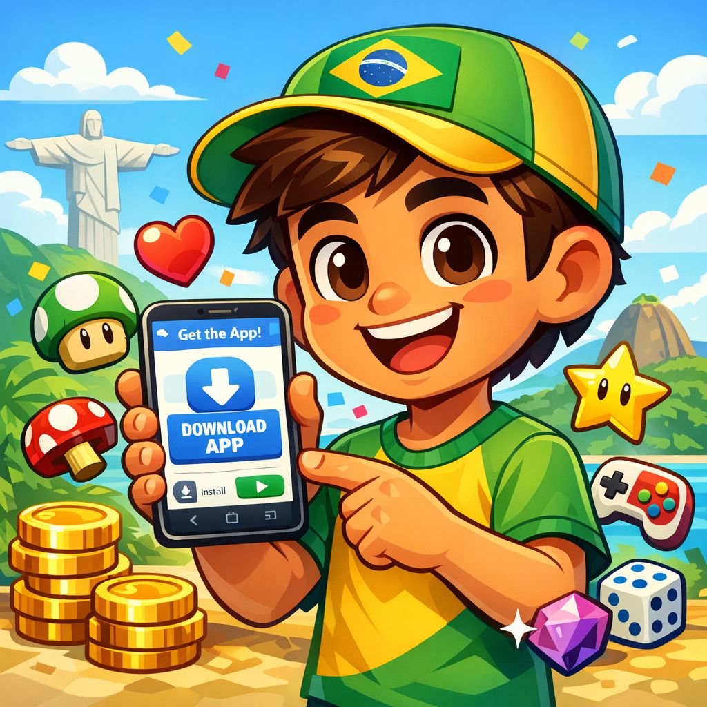 418Bet8 app cartoon character holding a smartphone with gaming icons and coins