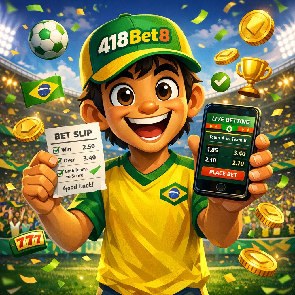 418Bet8 themed cartoon character placing a sports bet with odds and a ticket
