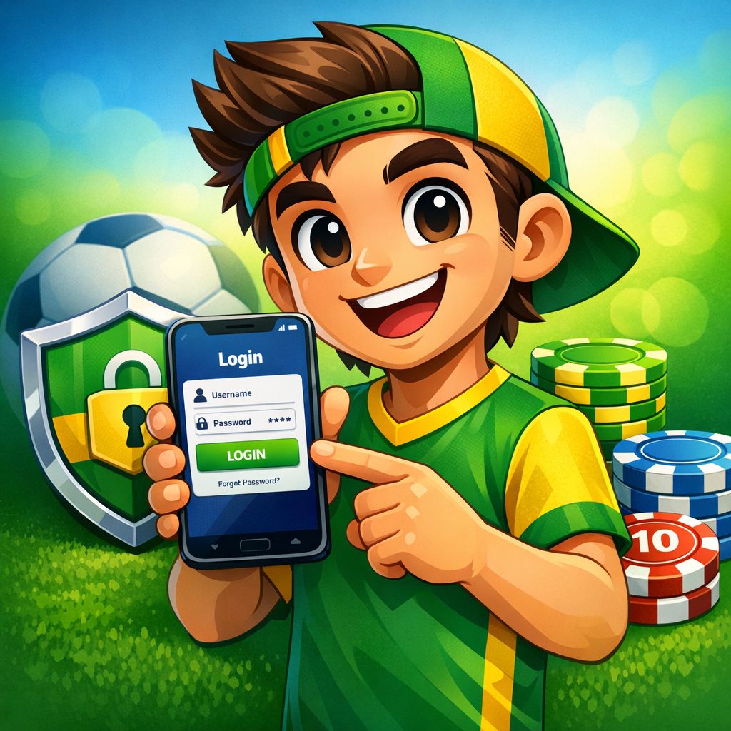 Cartoon character holding a phone with a login screen, shield icon, and casino chips