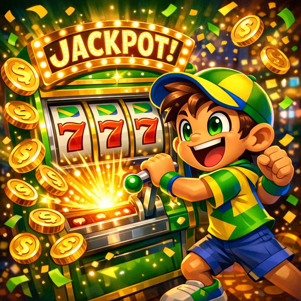 Cartoon character spinning a colorful slot machine with coins and jackpot lights